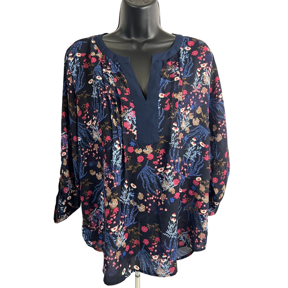 Collective Concepts Women's Navy Floral Print V‎ Neck Tunic Top Size M